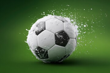 Fototapeta premium A stylized black and white soccer ball on a vibrant green background, accented with energetic white and dark green brushstrokes.