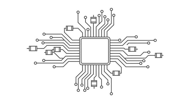 A minimalist line art illustration of a central microchip connected to various components via intricate circuit traces, symbolizing technology and computing.