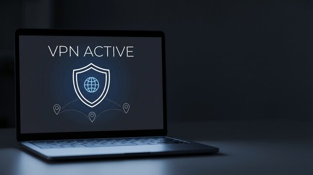 VPN active network security connection on laptop screen in dark room. Featuring virtual private network shield icon globe and location marks. Secure remote access and data protection