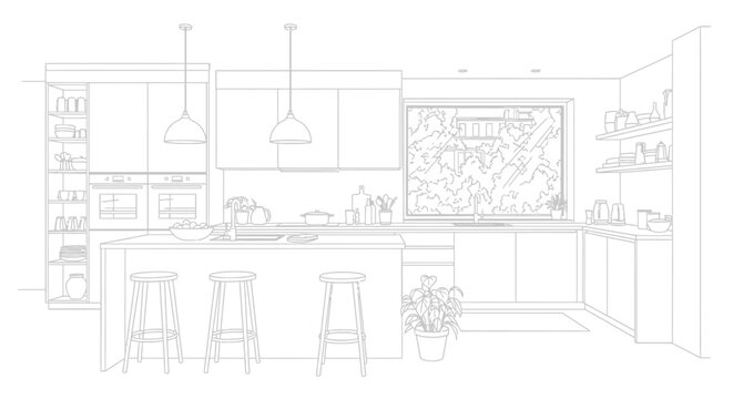Architectural 3d illustration of a modern house project featuring a technical sketch of the interior room layout and furniture plan drawing