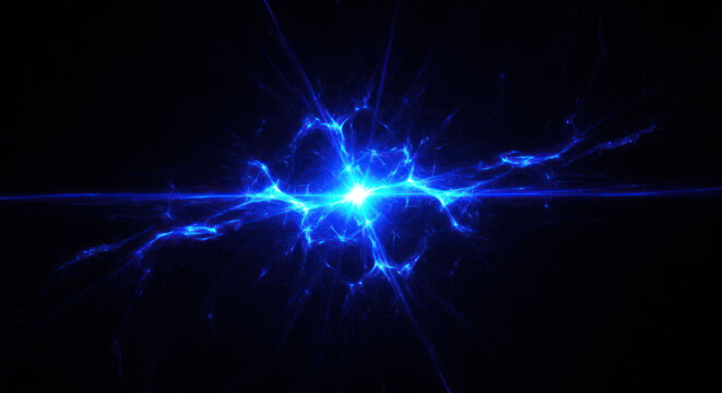 A vibrant, intense blue energy burst emanates from a central point, resembling a double star or a nexus of electrical power.