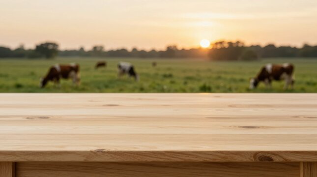 Cows grazing on green grass during sunset near wooden table outdoors