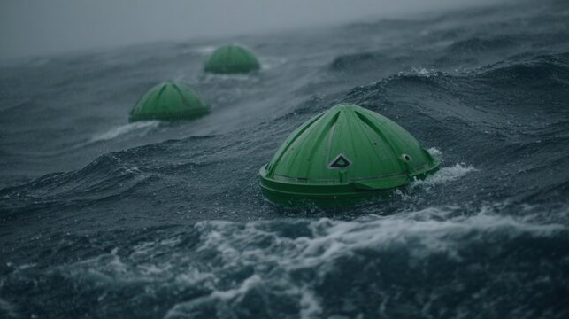 Energy converter floats in choppy sea with green buoys during rough conditions Generative AI
