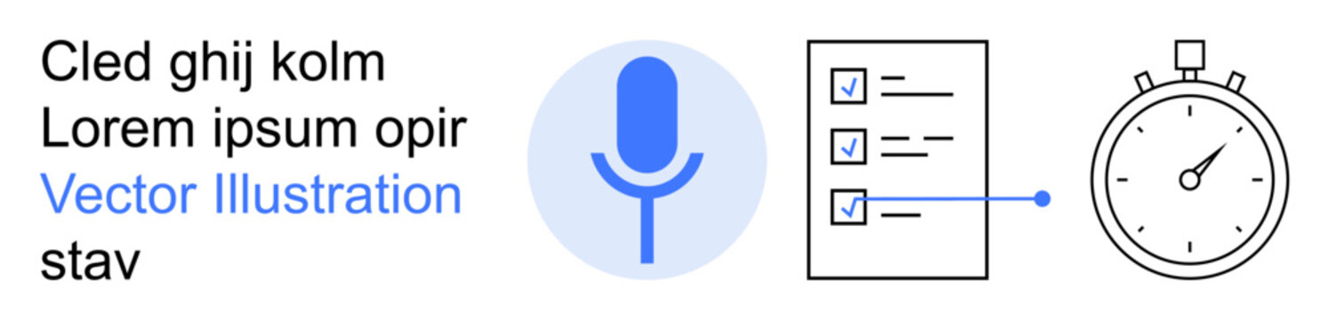 Productivity, task tracking, time management, organization, workflow optimization, efficiency. Microphone, checklist and stopwatch. Productivity and task tracking conceptual visualization