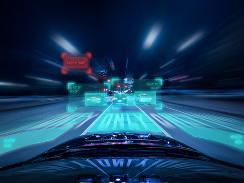 Conceptual Driverless car driving towards a futuristic cityscape and evaluating traffic, Chicago, Illinois, USA