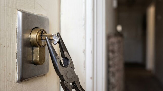 Locksmith services repairing broken key in door cylinder with pliers. Professional maintenance for home security and residential access problems. Close up shot of metal tool extracting