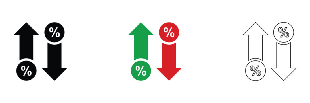 Percentage Arrows Up and Down Icon Set. Icons showing percentage symbols with upward and downward arrows, representing growth, decline, financial trends, and statistical changes.