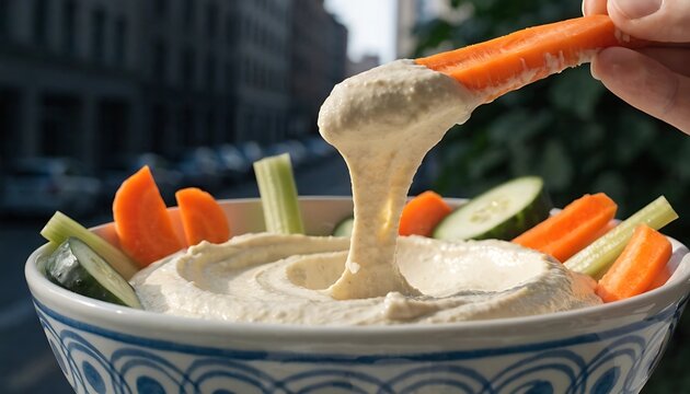 Hand dipping carrot stick into creamy hummus with vegetable platter