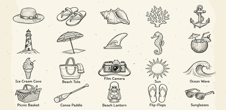 Hand-drawn vector illustrations of summer and beach essentials. Diverse collection for vacation and holiday designs, featuring seaside items and leisure activities
