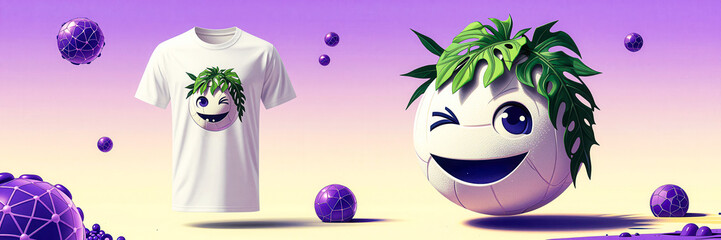 Naklejka premium Surreal smiling ball with leaf hair on a t-shirt, colorful background, playful design