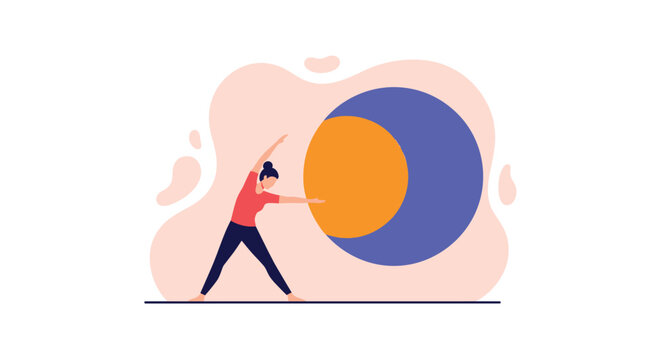 A solitary female yoga practitioner performs a gentle side stretch beside a large vibrant orange and blue circular shape against a soft pastel backdrop.