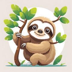 Obraz premium Cute sloth holding branch tree cartoon vector icon illustration animal nature icon isolated flat