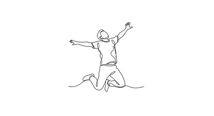 Fototapeta premium Single-line drawing of a person jumping with arms and legs outstretched capturing a moment of pure joy and energy on a bright clean white background.