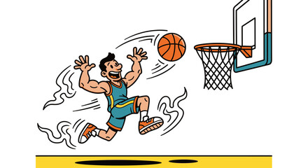 Cartoon illustration of a happy male basketball player performing a dynamic slam dunk. © LESTARI