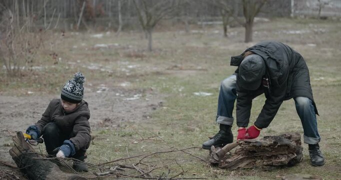 Men with kid cut branches in backyard and stockpile firewood in shed for winter. 4K 10-bit