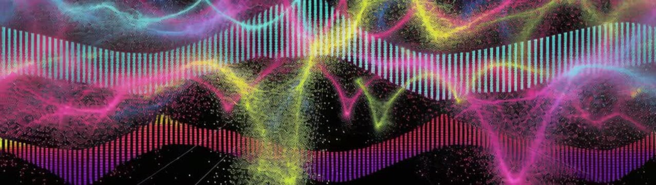 Digital sound wave displaying music visualization featuring glowing sonic lines and particles. Representing data stream and technology.