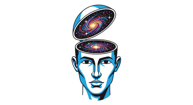 Anatomical human cranium opens wide to reveal a swirling colorful cosmic galaxy inside a minimalist studio setting with bright high contrast lighting.
