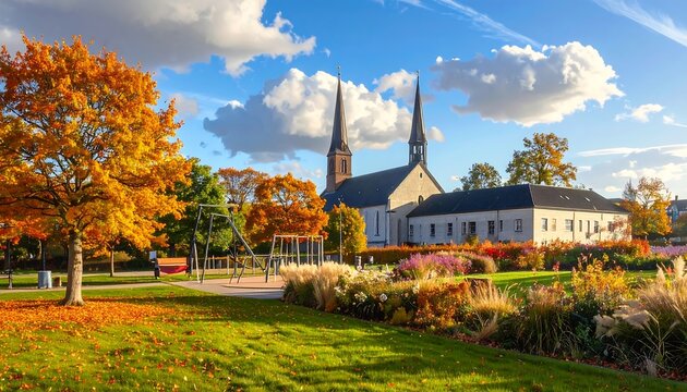 A serene church scene with vibrant autumn foliage and a playground