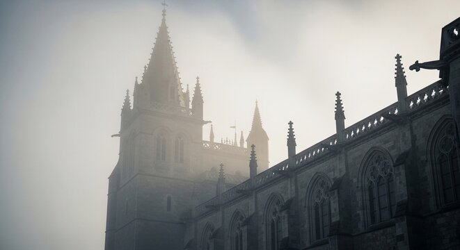Gothic cathedral tower silhouette in heavy fog