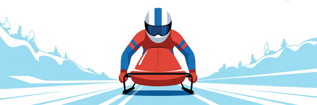 A minimalist digital illustration of a winter sports athlete in a red and blue racing suit gliding on a monobob sled down a snowy track