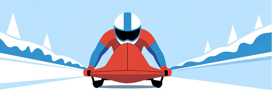 A minimalist digital illustration of a winter sports athlete in a red and blue racing suit gliding on a monobob sled down a snowy track
