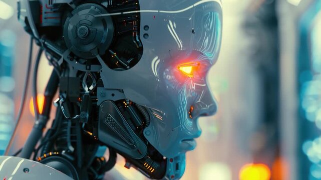 Close-up of a robot's head with glowing blue eyes, perfect for sci-fi and futuristic themes