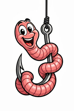 Cheerful pink cartoon worm with big eyes wrapped around a sharp fishing hook, creating a friendly humorous mascot design perfect for bait shops, kids fishing events, or tutorials.