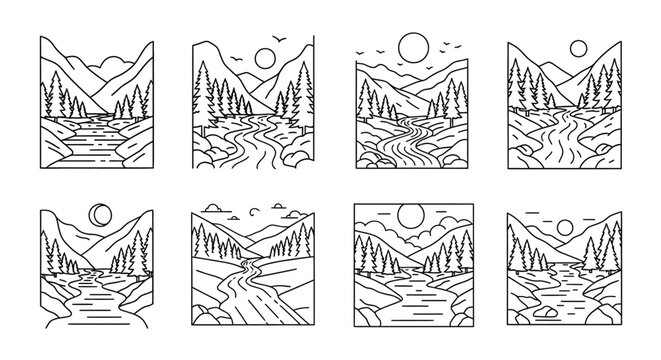 Minimalist landscape scenes with rivers mountains trees and suns in a grid pattern