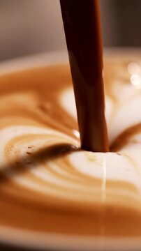 Chocolate or cappuccino Liquid Pouring in Slow Motion Macro Close Up.