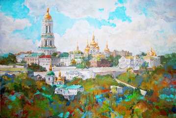 Artistic oil painting of the Kyiv Pechersk Lavra monastery complex with golden domes under a bright cloudy sky © Mariya Bo