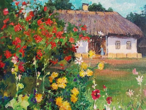 Artistic oil painting of a traditional Ukrainian village cottage with a lush flower garden