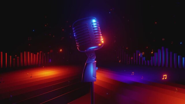 4K seamless VJ loop with glowing microphone and floating music notes for karaoke bars, VJ sets, high-tech club visuals, electronic music festivals, stage screens and for LED video walls