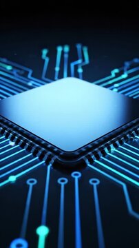 Futuristic Microchip with Animated Data Circuit Lines on Dark Background.