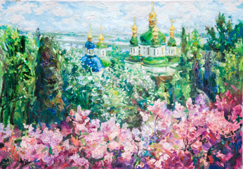 Impressionist oil painting of an Orthodox church with golden domes among blooming lilacs and green trees © Mariya Bo
