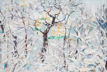 Impressionist oil painting of golden church domes seen through snow-covered trees in winter © Mariya Bo
