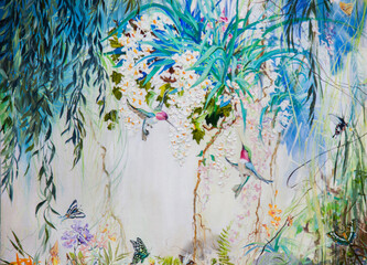 Whimsical oil painting of hummingbirds and butterflies among white flowers and willow branches © Mariya Bo