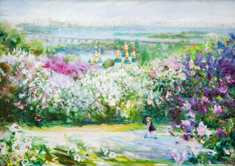 Panoramic impressionist oil painting of Kyiv with blooming lilacs and golden church domes overlooking the Dnieper River © Mariya Bo