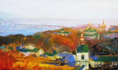 Panoramic impressionist oil painting of church domes overlooking an autumn landscape and distant horizon © Mariya Bo