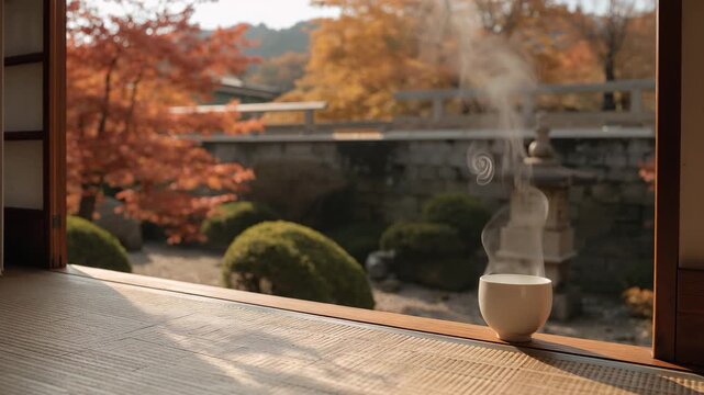 日本の縁側から紅葉の庭を眺めながら木縁に置かれた白い湯のみ