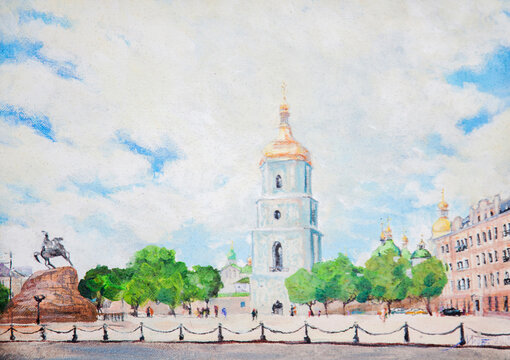 Impressionist oil painting of Saint Sophia's Square in Kyiv featuring the bell tower and Bohdan Khmelnytsky monument