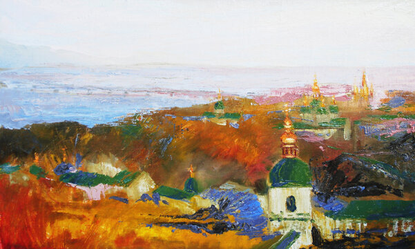Panoramic impressionist oil painting of church domes overlooking an autumn landscape and distant horizon