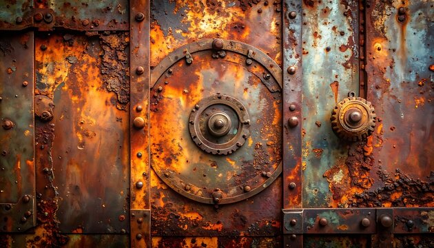 Detailed, close-up shot of a heavily rusted metal door with circular detail and studded textures, evoking age and decay