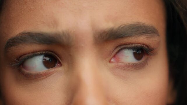 Close up confused female dark eyes looking around unrecognizable worried puzzled curious Latina Hispanic girl unknown woman look with long eyelashes natural eye make-up eyesight health cropped view