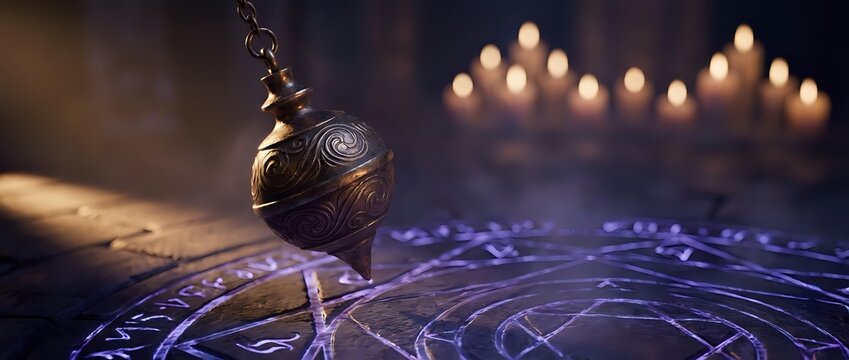 Mystical pendulum swinging over glowing zodiac circle with candles creating magical fortune telling atmosphere for spiritual guidance and divination practices.