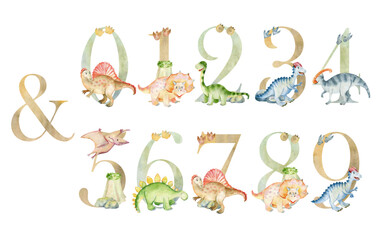 Vector watercolor dinosaurs numbers for invitation card, nursery poster and other. © Tapilipa