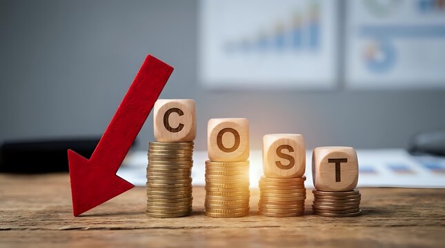 Business cost reduction concept with wooden blocks spelling COST on decreasing coin stacks and red arrow pointing down in modern office setting.