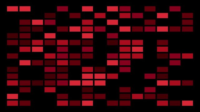 Retro game-like multi-shade red blocks randomly appearing and disappearing on a black background, ideal for abstract motion graphics, dramatic visuals, and bold design projects.