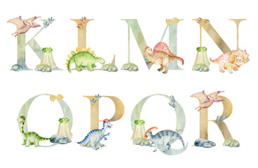 Vector watercolor dinosaurs letters for invitation card, nursery poster and other. © Tapilipa