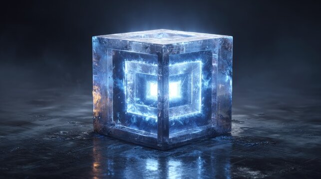 Abstract glowing cube futuristic digital design render on dark background