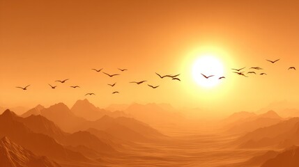 Obraz premium Birds fly towards sunset silhouette over mountains landscape artistic imagery
